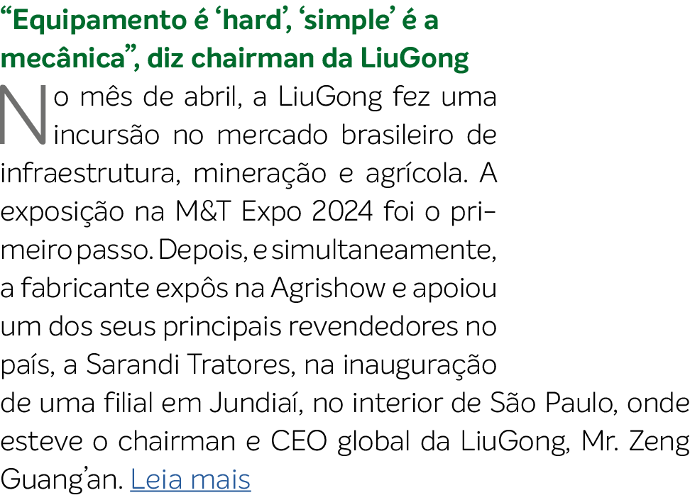“Equipamento  ‘hard’, ‘simple’   a mec nica”, diz chairman da LiuGong No m s de abril, a LiuGong fez uma incurs o no...