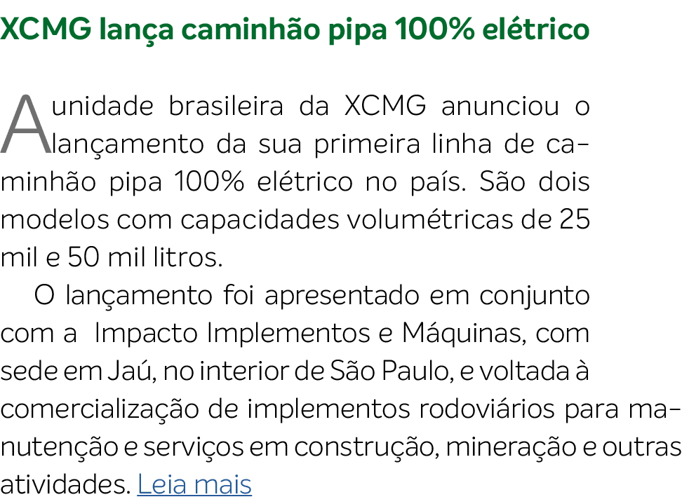 XCMG lan a caminh o pipa 100% el trico A unidade brasileira da XCMG anunciou o lan amento da sua primeira linha de ca...